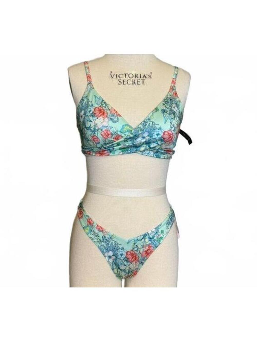Victorias Secret Wrap Bikini Top M Floral Seafoam Green Teal & Red Padded NWT